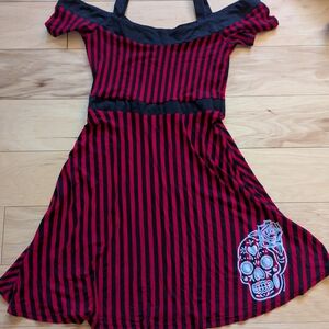 Sourpuss Red and Black Striped Off-Shoulder Dress with Sugar Skull